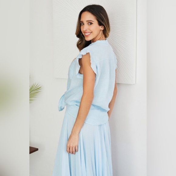 (8093-SKY) SOLID RUFFLE SHORT SLEEVE CHEST POCKET BUTTON DOWN LINEN TOP - Picture 3 of 4